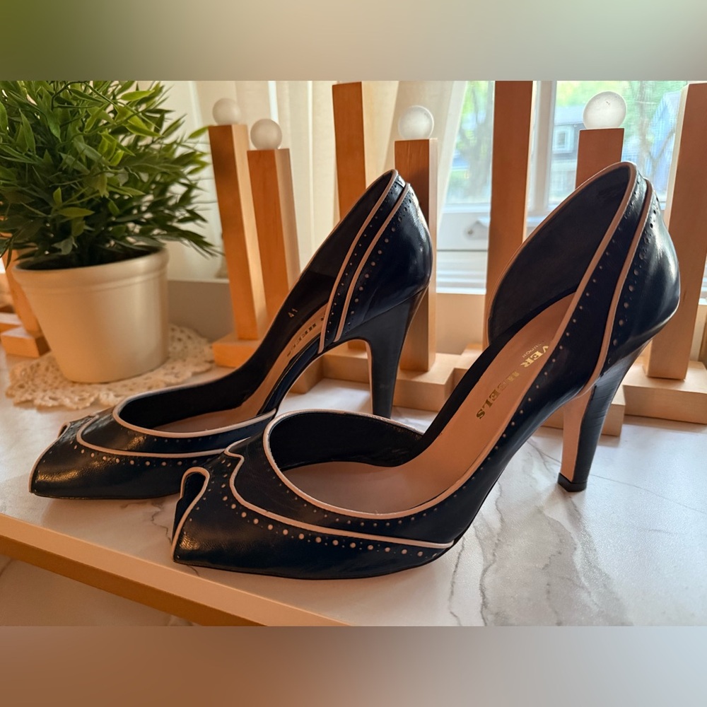 Head Over Heels London - Deep Blue Leather Wing-Tip, Squared Open Toe, D’Orsay - Picture 3 of 15
